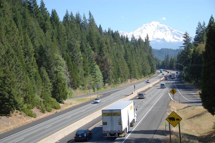 Et road trip venter. Her med kurs mod Mt. Shasta i Californien. Bemærk skiltet, der advarer mod bjørne på vejen.  
