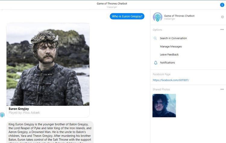 Spørger man GoTBot om hvem, Euron Greyjoy er, svarer botten med hans biografi, og karakterens nuværende placering i ‘Game of Thrones’-universet. Man får dog også at vide, at han spilles af danske Pilou Asbæk  