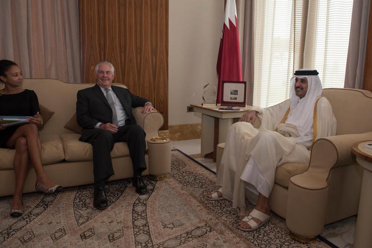 USA's udenrigsminister, Rex Tillerson, under et møde i sidste uge med Qatars emir, Sheikh Tamim Bin Hamad Al Thani i Doha. 