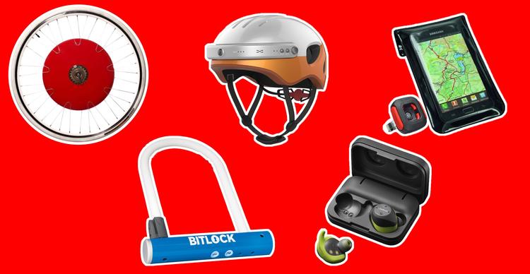 The Copenhagen Wheel (øverst tv.) er trods navnet ikke dansk, men amerikansk. 
Airwheel-hjelmen har et indbygget hd-kamera, Klickfix-tasken holder din smartphone tør 
under cykelturen, mens Bitlock-låsen kan åbnes og lukkes uden nøgle. Og undervejs på cykelturen kan man filtrere unødig baggrundsstøj fra med Jabra Elite Sport-øretelefoner – samtidig med at man kan høre, om der er biler på vej bagfra.  