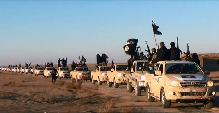 Biler fra Islamisk Stats afdeling i Irak ruller gennem ørkenen.   