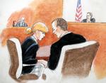 Illustration fra retten: Taylor Swift med sin advokat under retssagen. Til venstre i baggrunden ses David Mueller. 
   Illustration: Jeff Kandyba