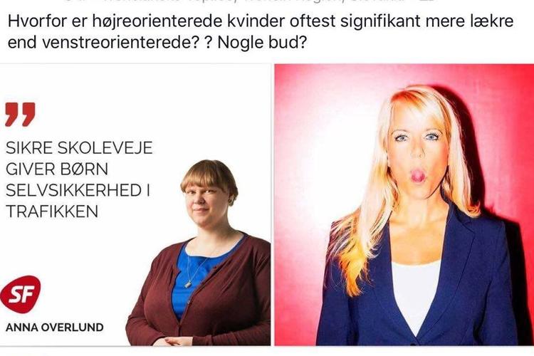 Screendump af et opslag fra Facebook, hvor politiker Anna Overlund bliver bedømt på sit udseende i stedet for sine politiske holdninger i en slags digital lækkerhedstest overfor Pernille Vermund.  