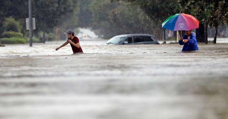 Moses Juarez (tv.) og Anselmo Padilla (th.) vader gennem de oversvømmede gader i Houston, Texas, hvor den tropiske storm Harvey hærger. 