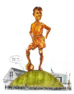 Harald Nielsen var en forrygende forward og verdens dyreste spiller i 1960erne. Nu vil de rejse en stor statue af af den afdøde stjerne i hjembyen Frederikshavn - og måske kommer den til at tage sig således ud. Tegning: Roald Als
   