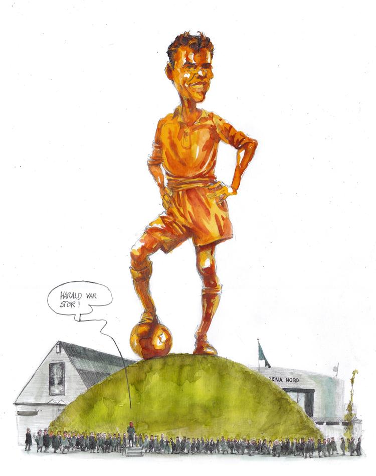 Harald Nielsen var en forrygende forward og verdens dyreste spiller i 1960erne. Nu vil de rejse en stor statue af af den afdøde stjerne i hjembyen Frederikshavn - og måske kommer den til at tage sig således ud. Tegning: Roald Als
   