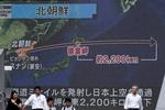 Japansk tv beretter om den nordkoreanske missilaffyring, mens folk går forbi på gaden i Tokyo 