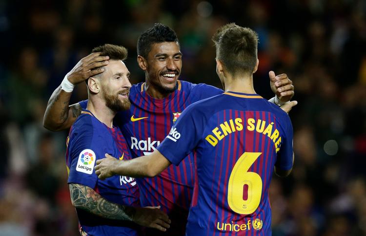 FC Barcelonas målscorere i aftes mod Eibar var Lionel Messi (tv.) med fire, Paulinho (i midten) og Denis Suarrez. 