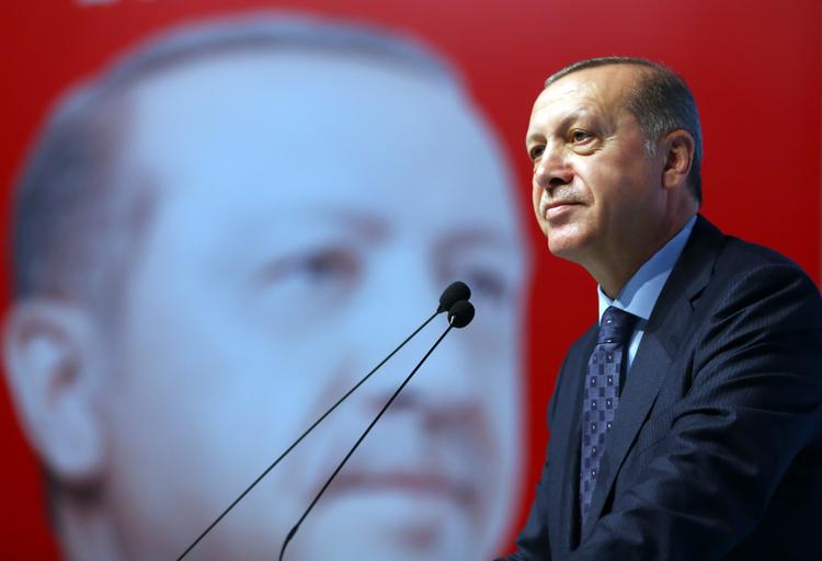 Tyrkiets præsident Recep Tayyip Erdogan taler til tilhængere i Istanbul i august 2017. (Presidency Press Service via AP, Pool)
   