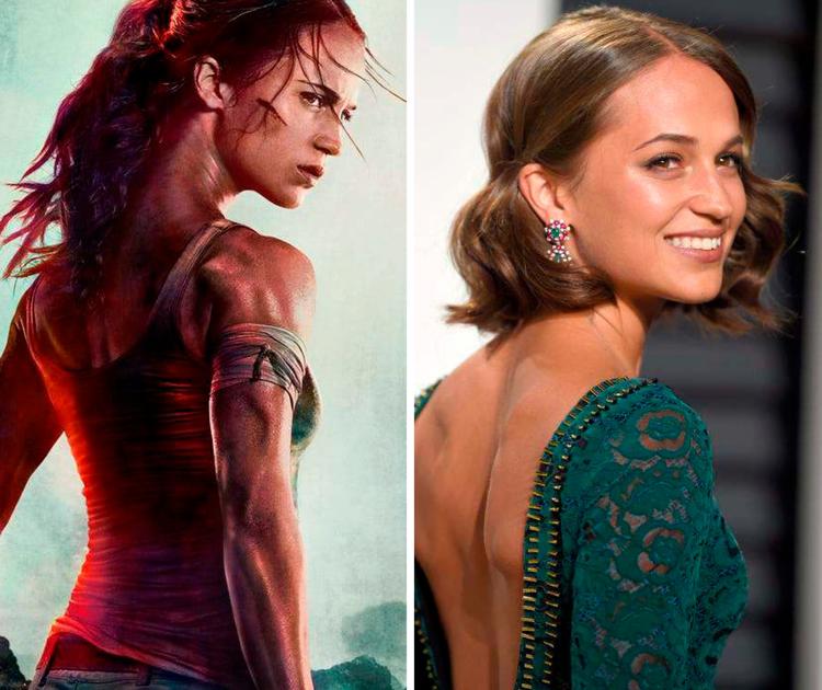 Alicia Vikander på filmplakaten for 'Lara Croft' (t.v.) og ved oscaruddelingen tidligere på året.  