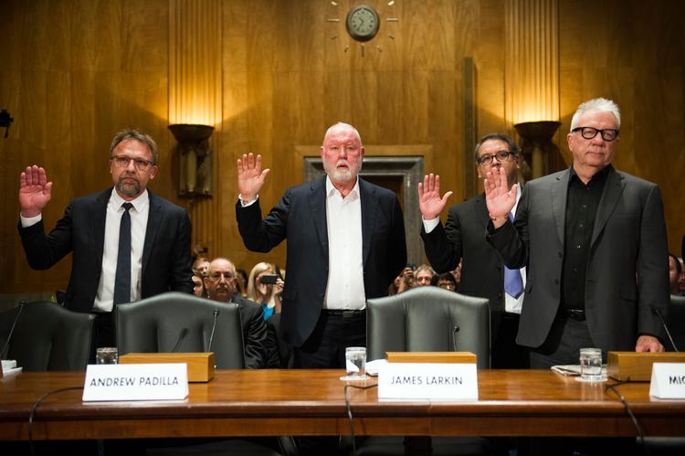 
    FILE - In this Jan. 10, 2017, file photo from left, Backpage.com CEO Carl Ferrer, former owner James Larkin, COO Andrew Padilla, and former owner Michael Lacey, are sworn-in on Capitol Hill in Washington, prior to testifying before the Senate Homeland Security and Governmental Affairs subcommittee hearing into Backpage.com's alleged facilitation of online sex trafficking. California prosecutors can bring money laundering charges against the creators of the website that prosecutors label an online brothel, a judge ruled Wednesday, Aug. 23, but dismissed other charges months after another judge threw out the entire case as violating free speech and federal protections. (AP Photo/Cliff Owen, File)
   