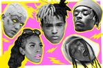 Øverst fra venstre: Lil Peep, XXXTentacion, Lil Uzi Vert. Nederst fra venstre: Kodie Shane, Rico Nast. Allesammen kunstnere, hvis musik du kan høre på musiktjenesten Soundcloud. Kollage  Aslak Elias Kelkka (Originalfoto: Pr)