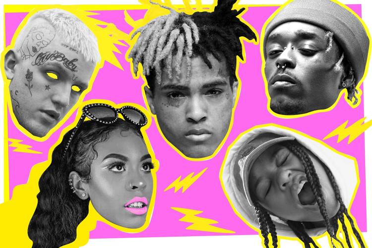 Øverst fra venstre: Lil Peep, XXXTentacion, Lil Uzi Vert. Nederst fra venstre: Kodie Shane, Rico Nast. Allesammen kunstnere, hvis musik du kan høre på musiktjenesten Soundcloud. Kollage  Aslak Elias Kelkka (Originalfoto: Pr)