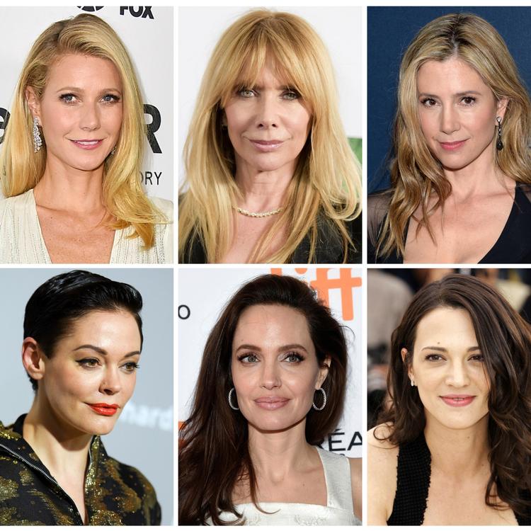 Et udpluk af de kvinder, som Harvey Weinstein angiveligt har begået seksuelle overgreb imod: Øverst fra venstre: Gwyneth Paltrow, Rosanna Arquette og Mira Sorvino. Og rækken under:  Rose McGowan, Angelina Jolie Pitt og Asia Argento. 