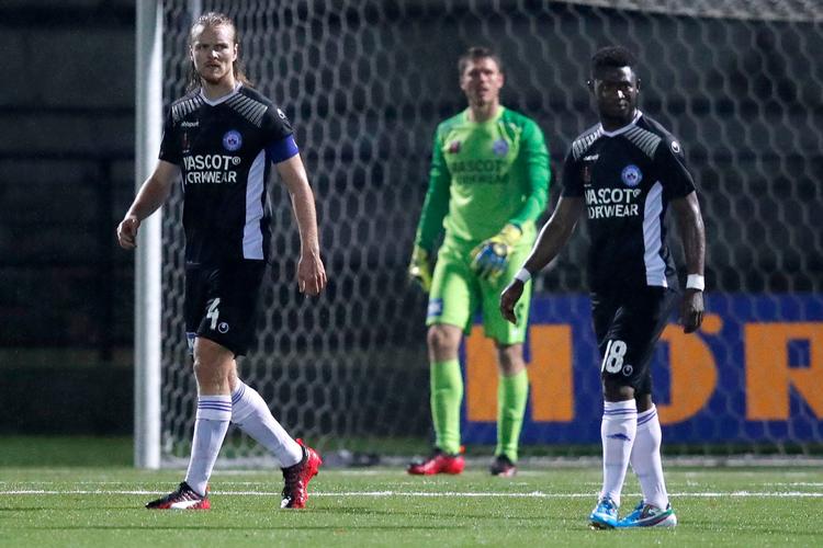 Simon Jakobsen, målmand Peter Friis Jensen og Ibrahim Moro var tæt på at ryge ud af DBU Pokalen mod HIK.
   