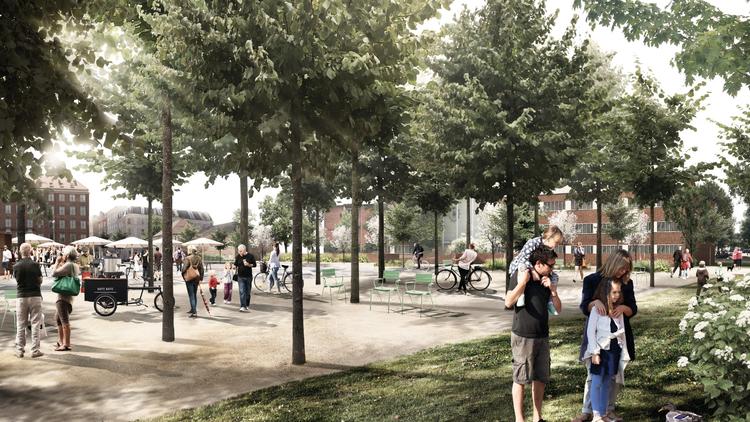 Tidlig visualisering af hvordan parkeringspladsen bag Rådhuset på Frederiksberg kan komme til at se ud, hvis ambitionerne om at bygge torvehaller på Frederiksberg realiseres.  