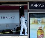 En tekniker undersøger stedet ved siden af Thalystoget ved siden af platformen på Arras togstation. (AP Photo/Virginia Mayo, File)
   