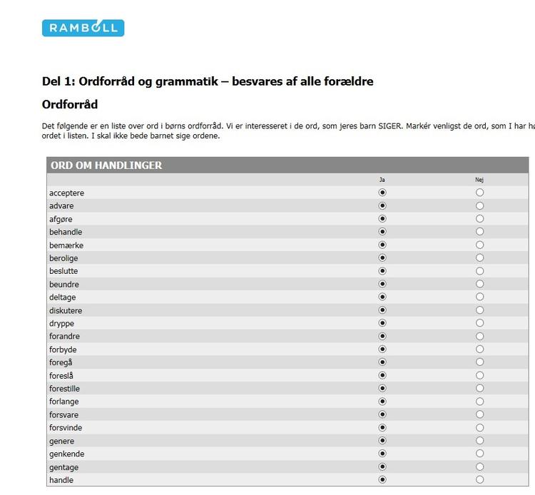 Billedet er et screen dump af en sprogtest sendt til forældre i 0.klasse, hvor man skal liste de ord ens barn siger. Til hvilken nytte, spørger Mette Mølbak. 