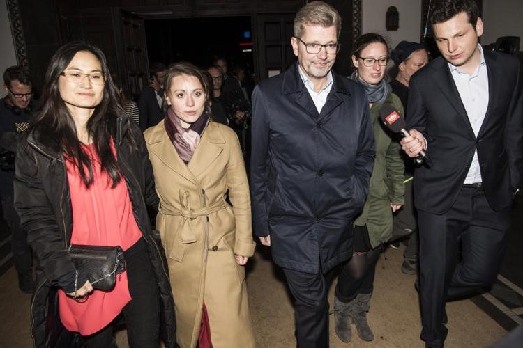 Frank Jensen tidligt på aftenen sammen med Mia Nyegaard (R), Sisse Marie Welling (SF) og Ninna Hedeager Olsen (EL) 