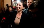 Mette Frederiksen var i højt humør ved Socialdemokratiets valgfest på Amager Bio i aftes.
   