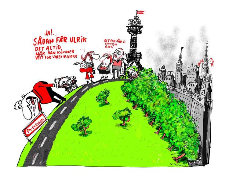 Politiken er ikke en landsdækkende avis. Vi er en hovedstadsbaseret avis med interesse for resten af landet, men den interesse opfattes ofte ikke altid som oprigtig. 
Tegning: Jørn Villumsen (arkiv)  