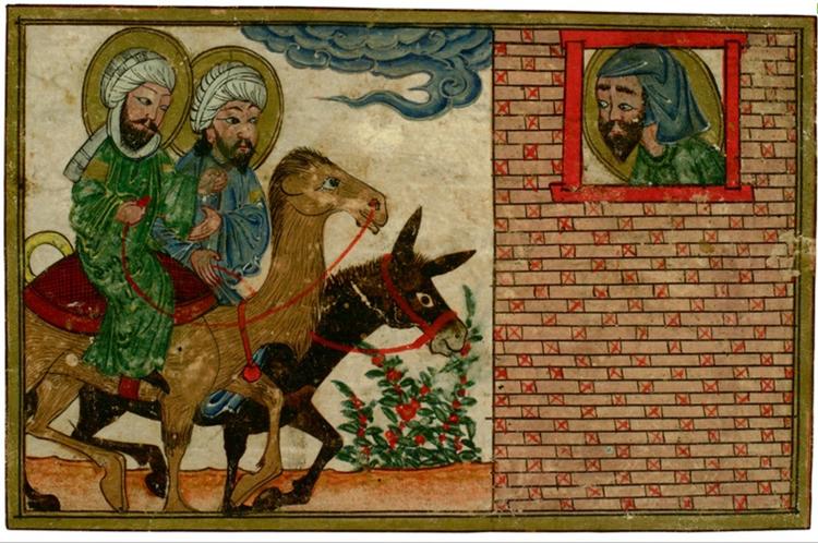  ’Isaiahs vision af Jesus ridende på et æsel og Muhammad ridende på en kamel’ hedder billedet her. Det er fra 1307 og stammer fra det nordvestlige Iran eller nordlige Irak.  