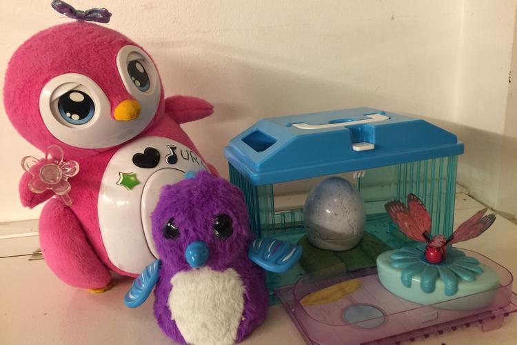Ingen leger med vores Penbo (tv), Hatchimal og fuglen og sommerfuglen fra Little Live Pets. - Foto Charlotte Branner 