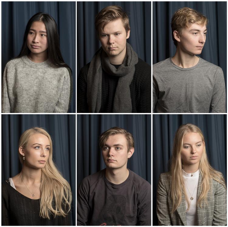 Elever i 2.g på Ordrup Gymnasium havde temadag om, hvad det vil sige at miste en mor eller far - eller nogen, som er tæt på. Det var et tema, som satte gang i tankerne hos de fremmødte elever. Øverst fra venstre mod højre er det Julie Olin, Laurits Soll-Johanning og Niels-Peter Lindegaard. Nederst fra venstre mod højre er det Louise Struckmann, William Geoffroy og Mathilde Bryden. Foto: Peter Hove Olesen
   Peter Hove Olesen/POLFOTO