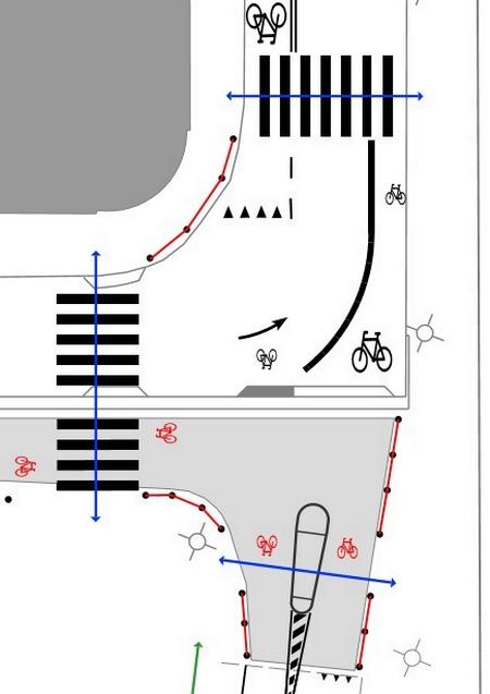 Nyhavnsgruppen foreslår at fodgængerovergangen nederst i illustrationen - markeret af den blå linje - opgives. 