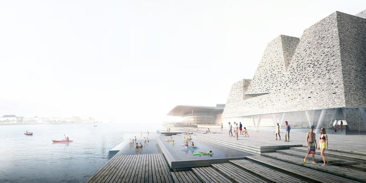 Det kommende vandkulturhus kommer også til at få bassiner ud mod havnen. Kengo Kuma & Associates, Cornelius Vöge Arkitekter, Søren Jensen rådg. Ing.