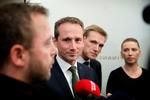 ARKIVFOTO. Fra venstre: Morten Østergaard (RV), Kristian Jensen (V), Kristian Thulesen Dahl (DF) og Mette Frederiksen (S) møder pressen, efter der er indgået forlig om boligbeskatning. 