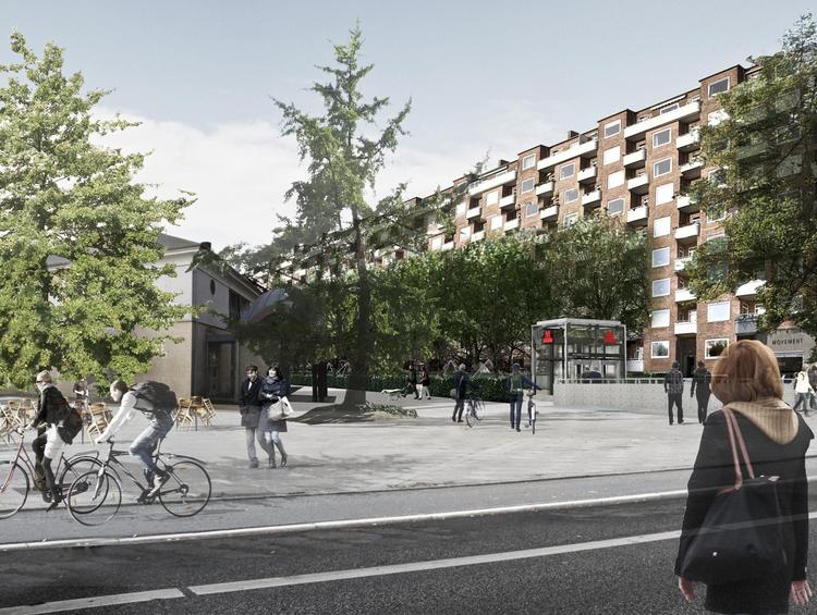 Stationsforpladsen er placeret ud mod Godthåbsvej. Stationen er placeret i den vestlige side - i skyggesiden - så meget af parkens liv kan bevares med ophold både for borgere og for caféernes udeservering.

Der er gjort meget ud af, at parkens flotte geometri bliver opretholdt, så træer og øvrig beplantning og belægning bliver genskabt.

Cykelstativerne er placeret så tæt på adgangstrapperne som muligt. Der vil være 130 cykelstativer under jorden og 220 stativer i gadeplan. 