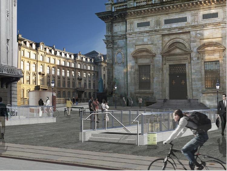 Stationen er placeret bag Marmorkirken ud mod Store Kongensgade. Med stationens forplads får området et nyt byrum, hvor man kan slå sig ned og tage en pause.

Frederiksstaden og Marmorkirken er kendt for brugen af nordisk granit og kalksandsten. Belægningen på pladsen og omkring kirken bliver derfor en blanding af granit og betonsten, som spiller sammen med bydelens udtryk. Samtidig skabes der sammenhæng til metrostationen, hvis vægge er beklædt med sandsten. 