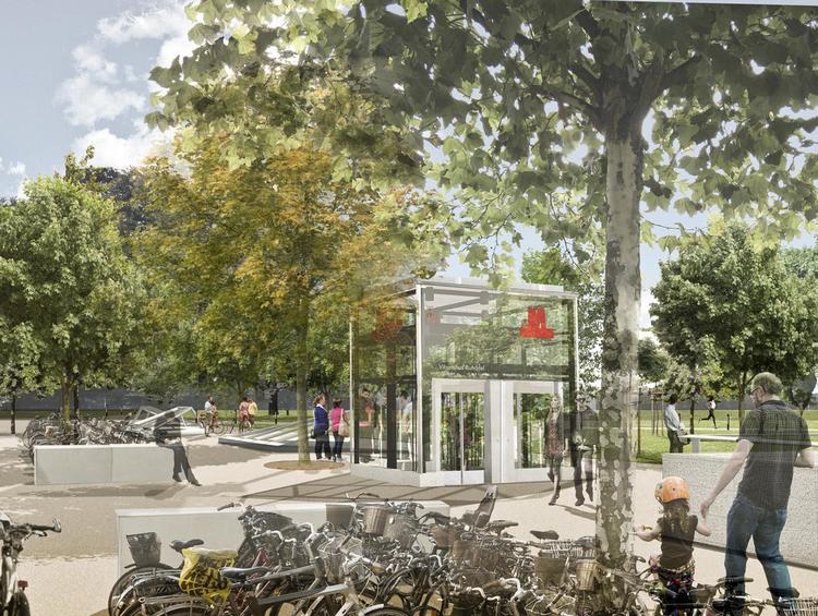 Stationen bliver en del af hjørnet af Fælledparken, hvor hovedtrappe, elevatorer og ovenlys indgår i det grønne parkrum. Hovedtrappen bliver orienteret ud mod selve runddelen. Fælledparkens beplantning bliver genskabt ind mod parken og ud mod Jagtvej. 

Cykelstativerne bliver placeret langs stationen og i forlængelsen af den oprindelige Øster Allé over for klubhuset. 