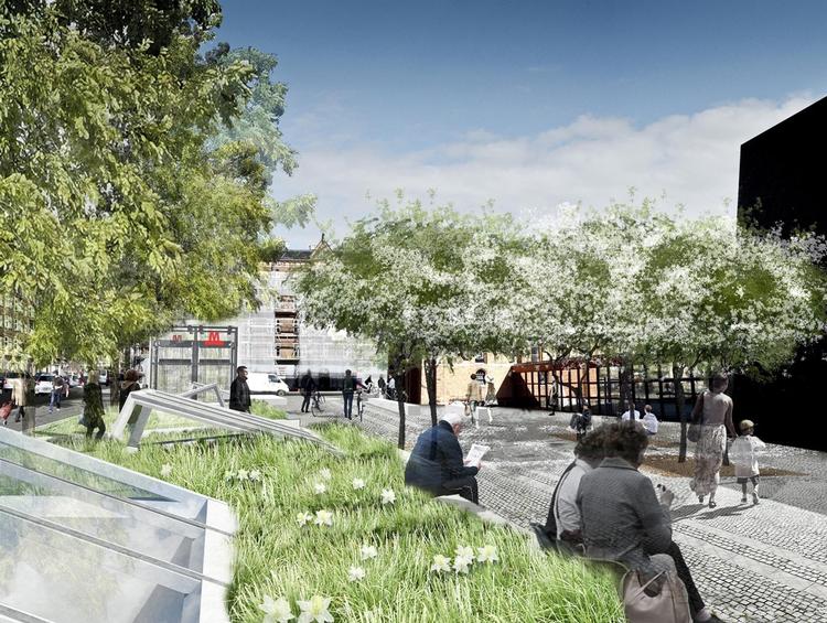 Trærækken mod Jagtvej bliver genskabt, mens arealet mellem stationselementerne og Landsarkivet fortsat holdes fri til lejlighedsvise aktiviteter.

På den måde får området optimale muligheder for byliv, og samtidig er det fleksibelt i forhold til de fremtidige planer, der er om at ombygge og indrette boliger i Landsarkivet. 