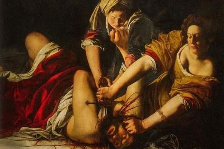 Artemisia Gentileschi var en af 1600-tallets meget få kvindelige kunstnere, kendt for bl.a. dette blodige maleri, der viser Judith, som med sit sværd skærer hovedet af den slemme Holofernes. Det kan opleves i Uffizierne i Firenze.  Foto fra bogen 