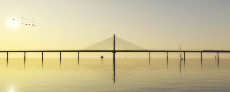Visualiseringer af den nye Storstrømsbro med pylon set fra forskellige vinkler.  