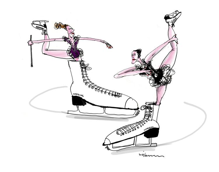 Tonya Harding og Nancy Kerrigan. Tegning af Jørn Villumsen (arkiv) 