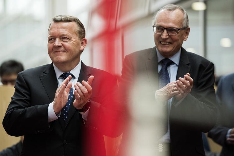 Lars Løkke Rasmussen (V) og Bent Hansen (S) ved åbningen af hospitalsbyggeri i Skejby sidste år Arkivfoto Dalhoff Casper
