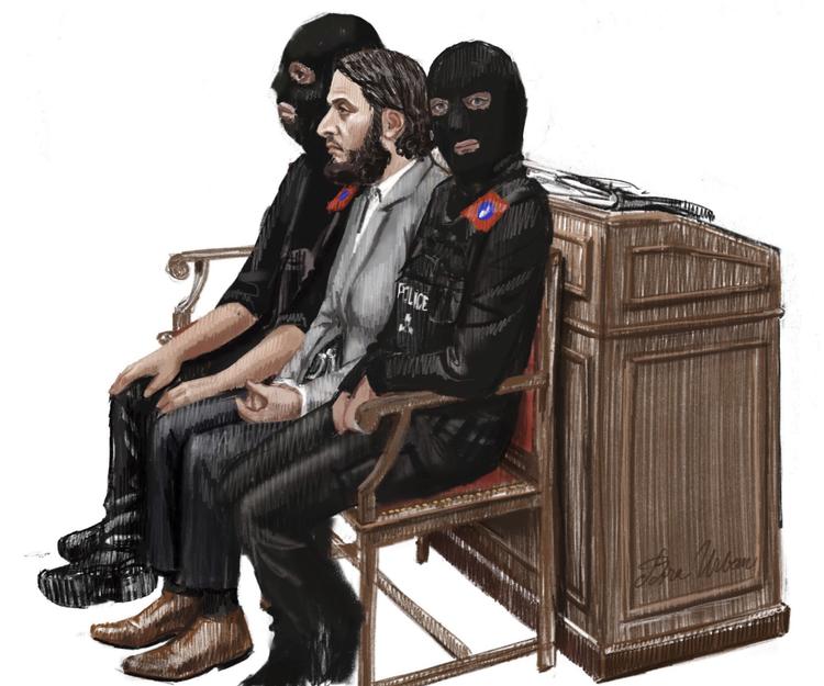 Salah Abdeslam er torsdag ikke mødt op i retten. Her ses han tegnet ved et tidligere retsmøde. 