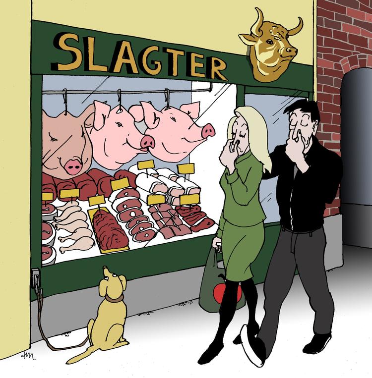 Hidtil har det været minoriteten, der er blevet mødt med undren: »Hvorfor er du vegetar?«. Nu er minoriteten i vækst, og den store måben bliver nu også vendt den anden vej: »Hvorfor spiser du kød?«, skriver Camilla Stockmann. Tegning: Anne-marie Steen Petersen