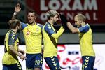 Kasper Fisker, Kamil Wilczek, Anthony Jung og Teemu Pukki jubler efter sidstnævntes scoring til 3-0. 