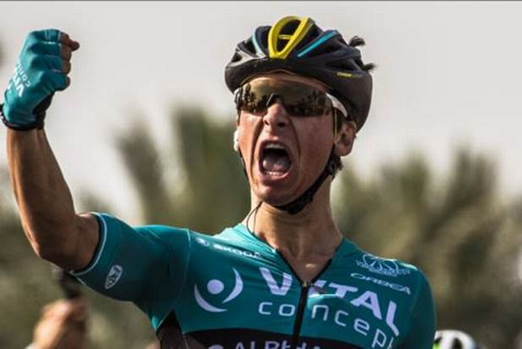 Sejren i massespurten på 1. etape i Tour of Oman udløser et tordnende jubelbrøl fra franskmanden Bryan Coquard. Foto: Muscat Municipality/A.S.O./K.D. Thorstad 