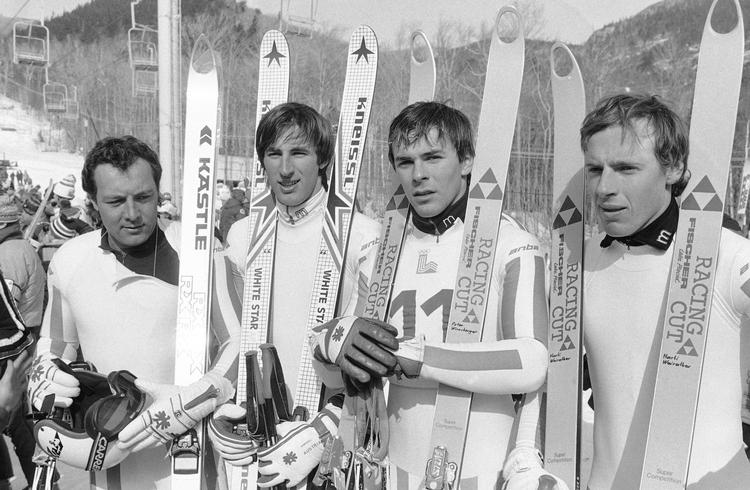 Det østrigske styrtløbshold til OL i 1980 med Werner Grissmann (tv.), den senere guldvinder Leonhard Stock, Peter Wirnsberger og Harti Weirather.  