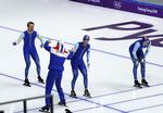 Sindre Henriksen, Simen Spieler Nilsen og Sverre Lunde Pedersen satte olympisk rekord i semifinalen, da de besejrede de hollandske storfavoritter.  Eugene Hoshiko/AP