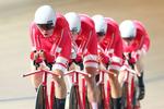 Den rød-hvide succeskvartet i 4 km holdforfølgelsesløb med Niklas Larsen, Casper Folsach, Julius Johansen og Frederik Rodenberg i aktion under VM i Holland. Foto: SWPix. 