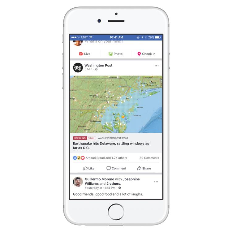 Washington Post er et af de nyhedsmedier, der har testet Facebooks nye breaking-banner. (foto: Facebook pressemeddelelse) 