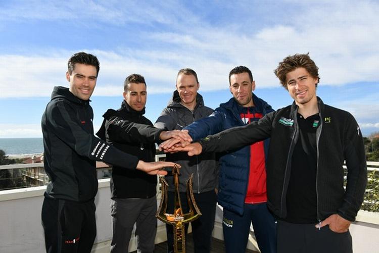 Fem af de mange topryttere i årets Tirrreno-Adriatico: Fra venstre Tom Dumoulin, Fabio Aru, Chris Froome, Vincenzo Nibali og Peter Sagan. Fotoi: La Presse-D'Alberto-Ferrari. 