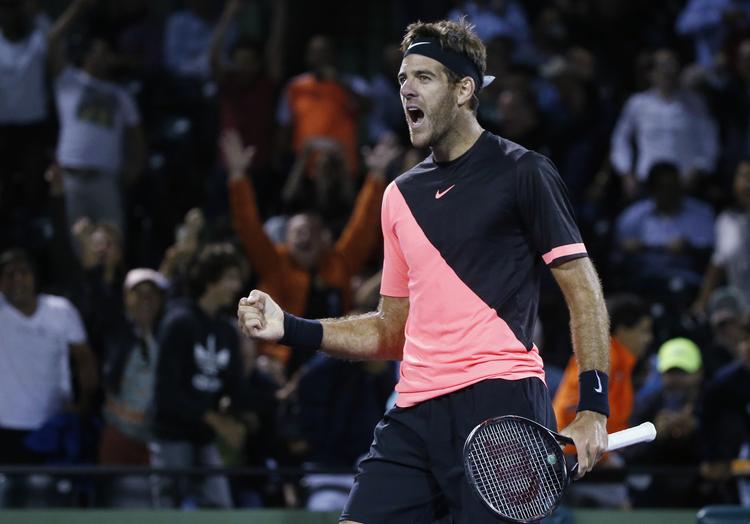 Denne fejring af succes er blevet leveret mange gange på ATP Touren i den seneste tid af Juan Martin del Potro, der præsterer noget af karrierens bedste tennis i en periode, hvor han tilsyneladende ikke har nogle problemer med sine ellers svage håndled.
   Wilfredo Lee/AP