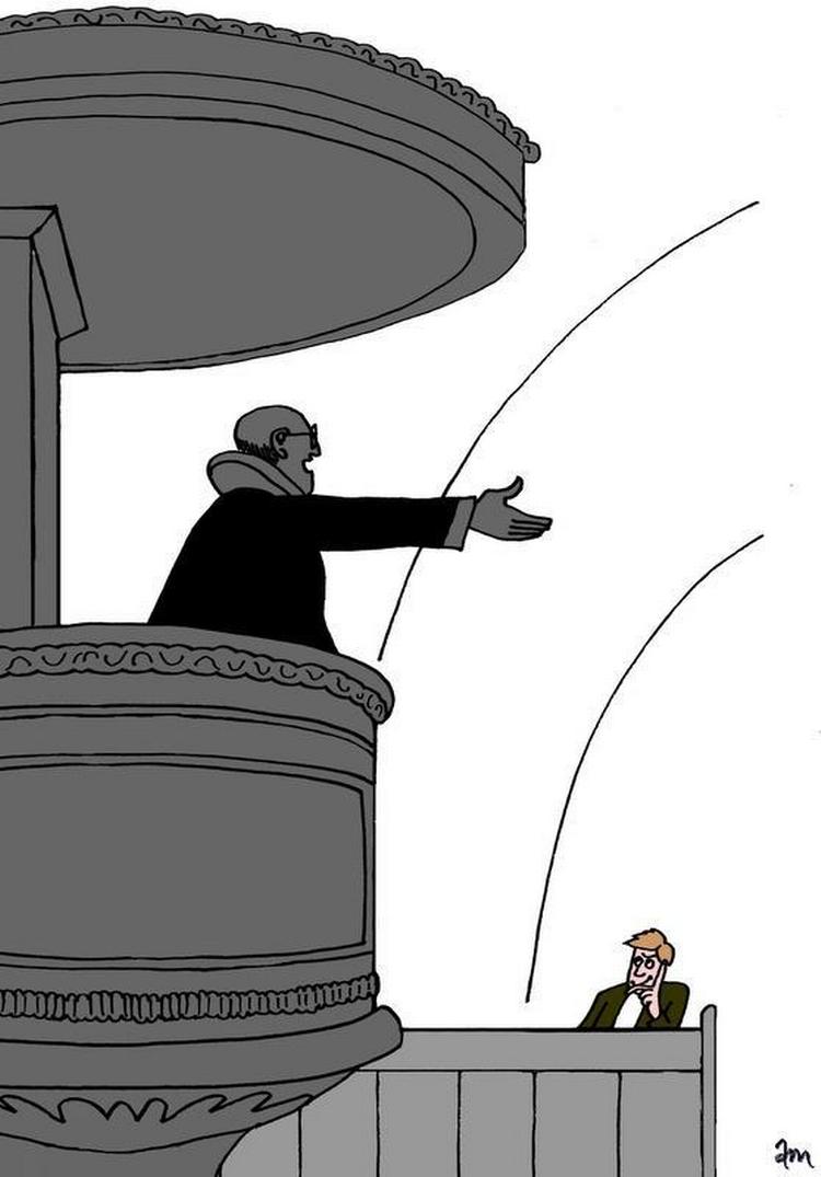 Mens præsten forkyndte om Jesu lidelse, vandrede klummeskribentens tanker mod litteraturen. Tegning Anne-Marie Steen Petersen